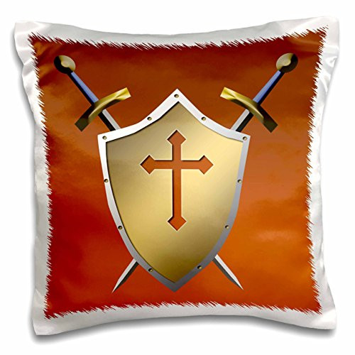 3dRose pc-40080-1 Golden Shield with Crossed Swords and The Christian Cross and Background in Cognac-Pillow Case- 16 by 16"