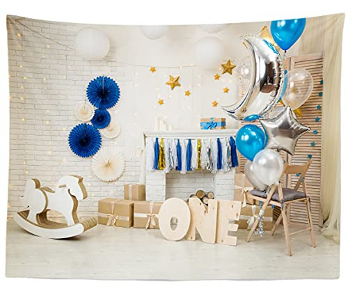 Loccor 5x3ft Fabric Prince First Year Boy Backdrop Balloons Hobby Horse Toys Present Boxes First Birthday Party Photo Wallpaper Photography Background Photoshoot Photo Background Props