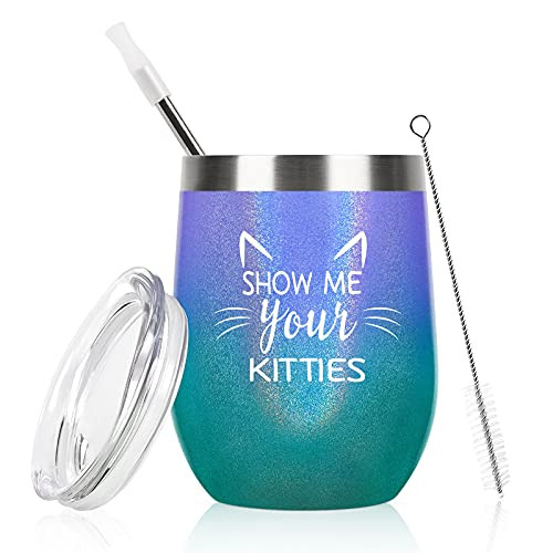 Cat Lovers Gifts- Show Me Your Kitties Wine Tumbler- Birthday Christmas Gifts for Women Friends Sisters Girlfriend Wife- Insulated Stainless Steel Tumbler Tumbler -12 oz- Glitter Peacock Violet-