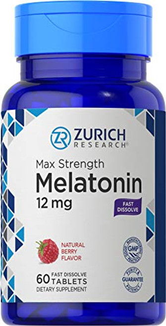 Melatonin 12 mg - 60 Fast Dissolve Tablets - Vegetarian- Gluten Free-  and  Non-GMO Supplement - Natural Berry Flavor - by Zurich Research