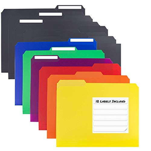 Dunwell Colored Plastic 3-TAB File Folders -6 Pack Assorted  Plus  6 Pack Black- Letter Size- Color Coded Poly Folders- Office File Folders Colorful- More Durable than Manila Folders- Writable 1/3-Cut Tabs