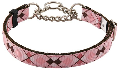 Country Brook Design - Pink and Brown Argyle Half Check Grosgrain Ribbon Dog Collar - Medium