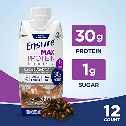 Ensure Max Protein Nutritional Shake with 30g of High-Quality Protein, 1g of Sugar, High Protein Shake, Café Mocha, 11 fl oz, 12 Count