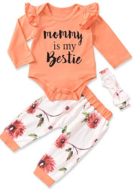 Newborn Baby Girls Clothes Outfits Infant Romper Ruffle Onesies Floral Pants Set 3Pcs Toddler Baby Girl Clothing -Tangerine- 12-18 Months-