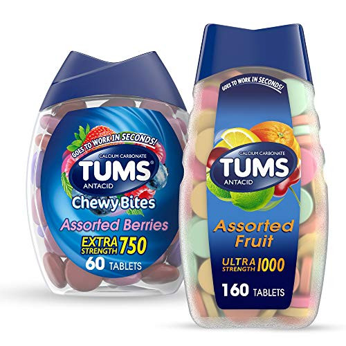 TUMS Antacid Chewable Tablets for Heartburn Relief 160ct- Ultra Strength- Assorted Fruit and TUMS Chewy Bites Assorted Berries Antacid Hard Shell Chews for Heartburn Relief- 60 Count