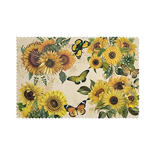 Sunflower Placemats Set of 4 Butterfly Sunflower Table Mats Sunflower Kitchen Decor Summer Sunflower Place Mats for Dining Table Sunflower Beige Placemats Heat Resistant Summer Placemats 12 X 18 Inch