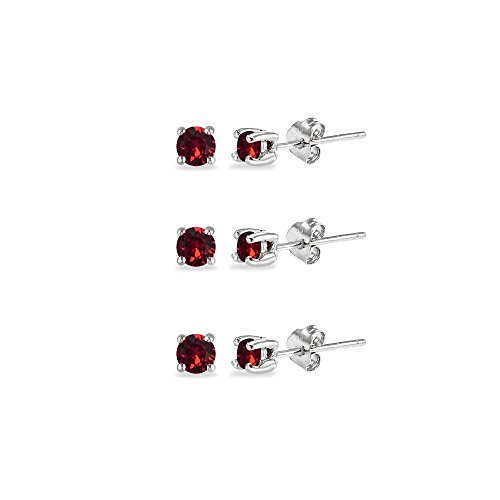 3-Pair Set Sterling Silver Red 3mm Round Stud Earrings Made with Swarovski Crystals