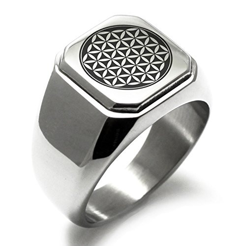 TIONEER Stainless Steel Flower of Life Symbol Square Flat Top Signet Biker Rings for Men- Size 16