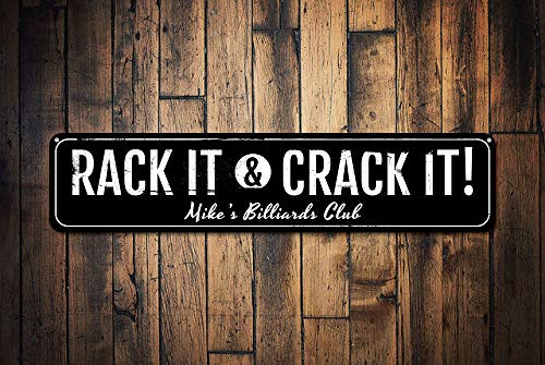 Rack It  and  Crack It Sign- Persoanlized Billiards Club Name Sign- Metal Man Cave Sign- Custom Pool Game Decor- Rack It Boys - Quality Aluminum- Metal Signs Tin Plaque Wall Art Poster 18"x4"