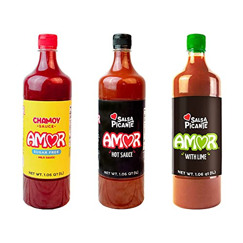 Amor Sauce Variety - Amor Chamoy Sauce- Bittersweet flavor- 2-500 Scoville level - Amor Hot Sauce with Lime- Spicy  and  Lemon flavor- 2-600 Scoville level-Amor Hot Sauce - Spicy flavor - 2-800 Scoville level -Pack of 1-