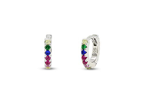 Colourful Rainbow Cubic Zirconia Round Small Tiny Hoop Earrings 14k White Gold Plated 925 Sterling Silver Jewelry Gift for Womens