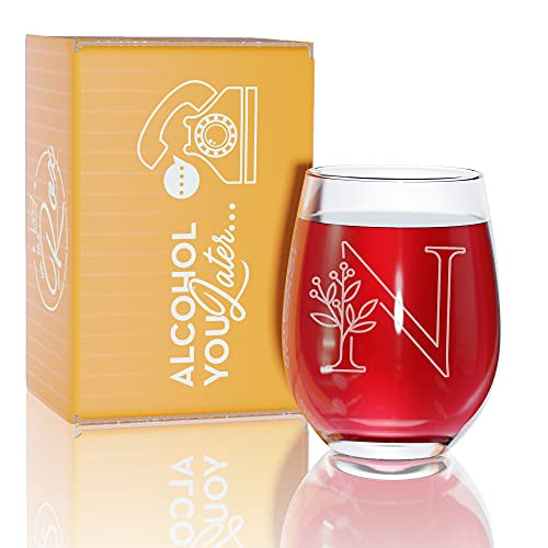 Monogrammed Gifts For Women and Men - Letter N Initial Engraved Monogram Stemless Wine Glass - 17 Oz Personalized Wine Glasses - Letter N Decor Custom Engraved Bridesmaid - Mom - Sister Gift