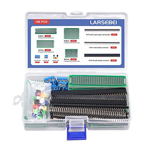 100pcs Double Sided PCB Board Kit Including PCB Boards-40 Pin 2.54mm Header Connector-gift:10 Pcs 2P and 3P Terminal Blocks-30 Pcs Caps-Prototype Boards for DIY Soldering-Electronic Project Circuit Boards
