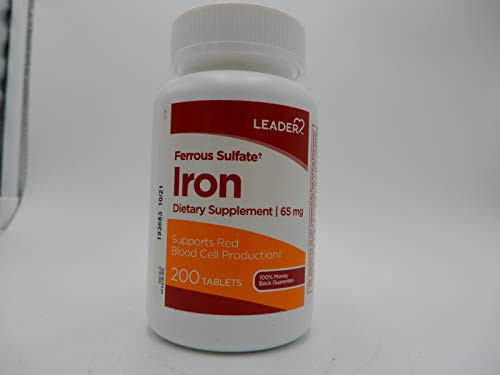 LEADER Ferrous Sulfate 65mg Tablets 200 ct -Pack of 2- LEADER Ferrous Sulfate 65mg Tablets 200 ct -Pack of 2-