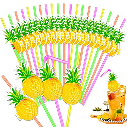 100Pcs Hawaiian Pineapple Straws Disposable Cocktail Straws Bendable Drinking Straw Decorations for Pool Party- Luau Party Decorations Supplies