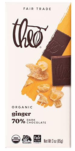 Theo Chocolate Ginger Organic Dark Chocolate Bar- 70 percent Cacao- 1 Bar - Vegan Chocolate- Fair Trade