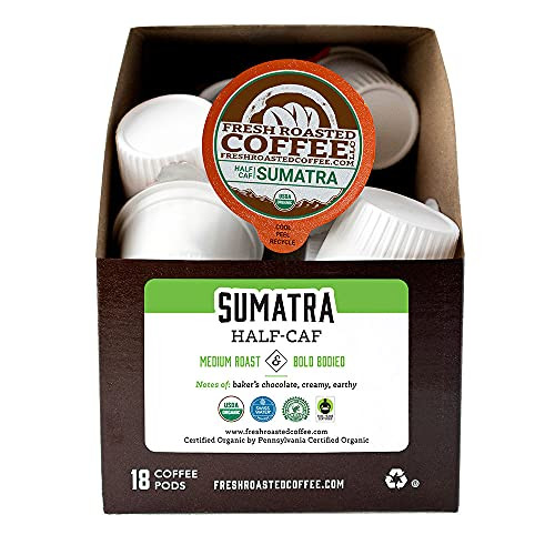 Fresh Roasted Coffee- Swiss Water Half-Caf Sumatra- Organic Fair Trade Kosher RFA- K-Cup Compatible- 18 Pods