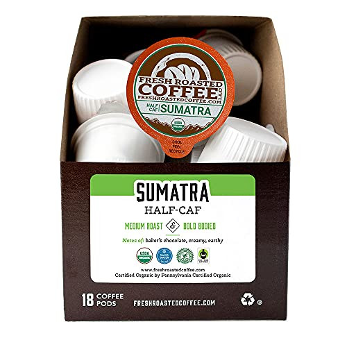 Fresh Roasted Coffee- Swiss Water Half-Caf Sumatra- Organic Fair Trade Kosher RFA- K-Cup Compatible- 18 Pods Fresh Roasted Coffee- Swiss Water Half-Caf Sumatra- Organic Fair Trade Kosher RFA- K-Cup Compatible- 18 Pods