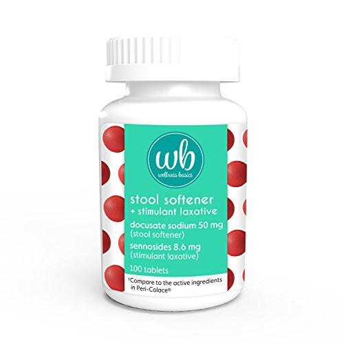 Wellness Basics Stool Softener with Laxative Docusate Sodium 50mg Sennosides 8.6mg Tablet- 100 Count