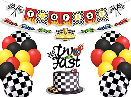 Erprobeen Two Fast Birthday Decorations- Racing Theme 2nd Birthday Party Banner Race Car Second Birthday Cake Topper Checkered Flags Balloons for Let's go Racing Theme Sports Event Party Supplies