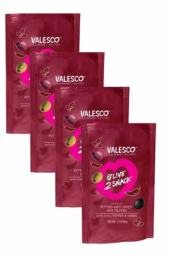Valesco Gourmet Olives- O'Live 2 Snack- Pitted Hot Spicy Mix Olives with Chili Pepper  and  Herbs- 3 oz -Pack of 4-
