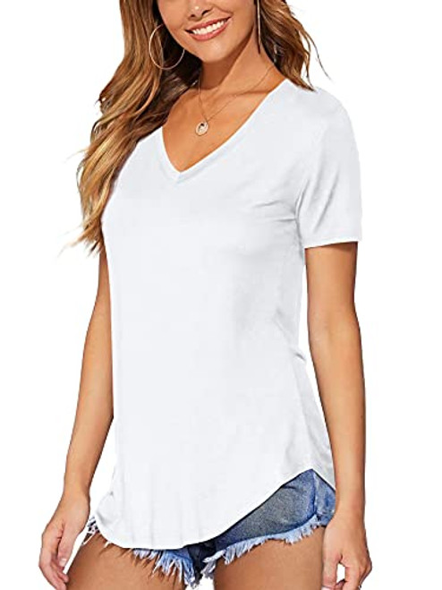 DittyandVibe Women V-Neck Short Sleeve T Shirts Summer Casual Tops with Curved Hem White L DittyandVibe Women V-Neck Short Sleeve T Shirts Summer Casual Tops with Curved Hem White L