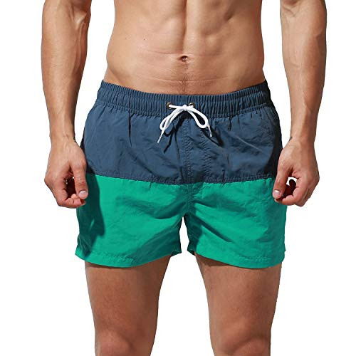 DESMIIT Men's Loose Swimwear Bold Striped Board Shorts Holiday Pool Green Large