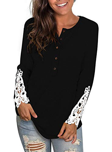 Women's Tops Long Sleeve Round Neck Shirts Button Lace Henley Tunic Black XL