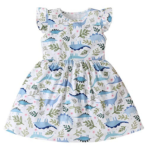 Viworld Toddler Girls Dinosaur Dress Baby Ruffle Sleeve Princess Sundress One-Piece Cartoon Clothing 18-24 Months