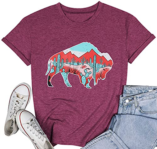 Western Buffalo Cactus Graphic Tees for Women Vintage Cow Sunshine T-Shirts Casual Tops -Purple- X-Large- x-l-