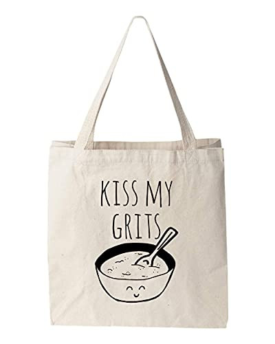 Kiss My Grits- Natural Canvas Bag- Screenprinted Tote- Cotton Flour Sack- Funny Tote Bag