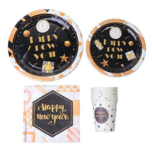 Amosfun 44pcs Party Disposable Tableware New Years Eve Paper Cutlery Plates Napkins Cups Dinnerware Set for Holiday Festival Party Favors