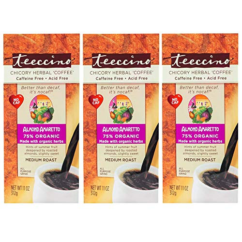 Teeccino Almond Amaretto Chicory Herbal Coffee Alternative, Caffeine Free, Acid Free, Coffee Substitute, Prebiotic, 11 Ounce (Pack of 3)