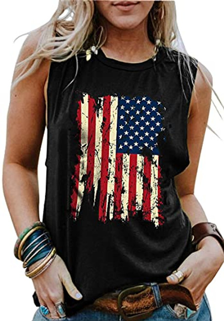 American Flag Tank Tops Women Patriotic Shirt USA Flag Stars Stripes Print Sleeveless T-Shirt 4th of July Tee Tops -Black- Small-