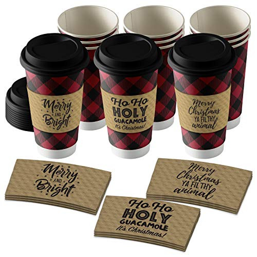 Disposable Coffee or Hot Chocolate Cups - Buffalo Plaid -Buffalo Plaid- 12-ct with Holiday Kraft Sleeves Design 2-