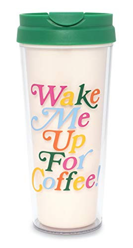 Ban.do Hot Stuff Insulated Thermal Mug with Saying- 16 Ounce Travel Tumbler- Wake Me Up For Coffee