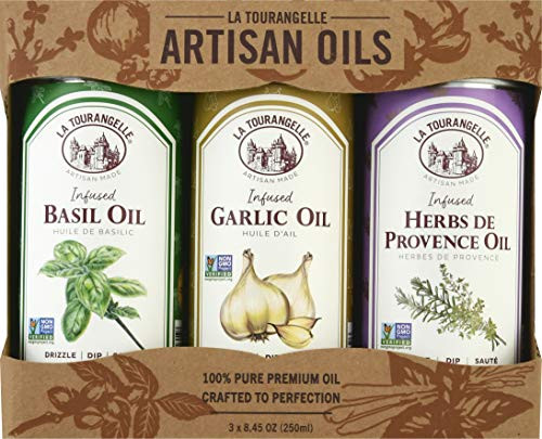 La Tourangelle Infused Trio of Oils - Infused Herbs de Provence Oil- Infused Garlic Oil- Infused Basil Oil Gift Set 8.45 Ounce -Set of 3- -Packaging may Vary-