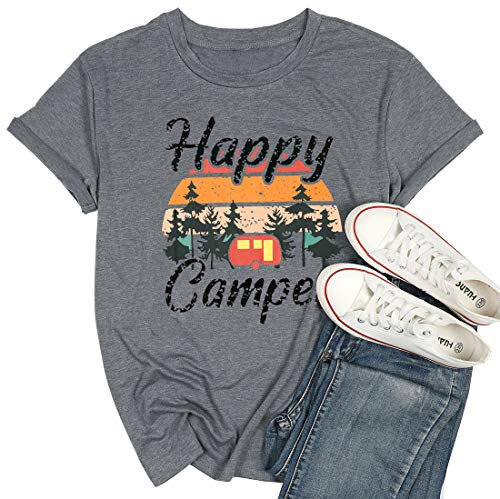 Happy Camper T-Shirt for Women Letter Print Cute Graphic Shirts Short Sleeve Casual Camping Tee Tops -Grey- S-