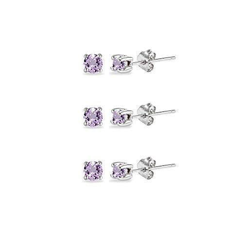 3-Pair Set Sterling Silver Amethyst 2mm Round Stud Earrings
