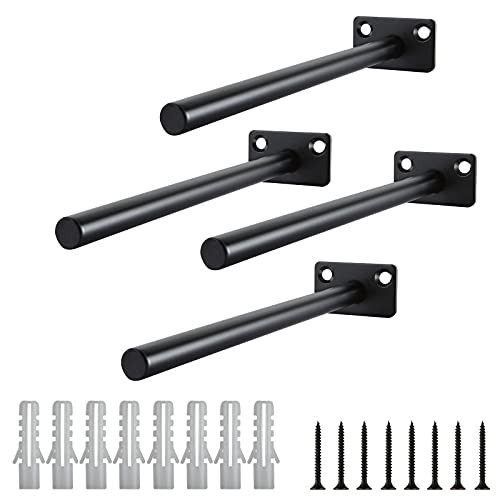 4 PCS 8 Inch Floating Shelf Brackets- Heavy Duty Concealed Blind Shelf Supports- Black Solid Steel Hidden Shelf Brackets for Floating Wood Shelves- Screws and Wall Plugs Included