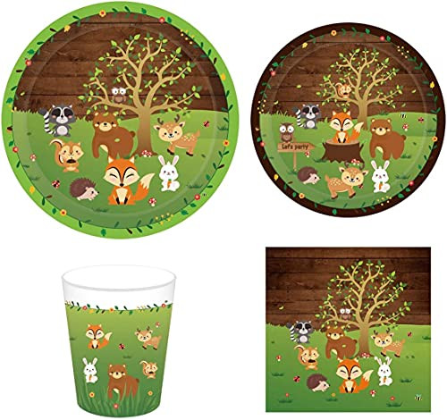 69Pcs Woodland Animals Party Tableware Dinnerware Paper Plates Napkins Cups Disposable Dinner Dessert Plates Paper Straws for Birthday Party Suppplies-Weddings-Anniversary?8 Guest?