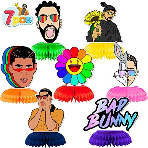 Bad Bunny Party Decorations- 7Pcs Honeycomb Centerpieces for Bad Bunny Birthday Decorations- Double Sided Table Decorations Centerpieces Party Supplies Favors- Cake Topper Photo Booth Props Party Gifts