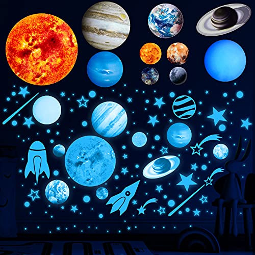 1015 Pieces Glow in The Dark Planets Space Wall Stickers Glowing Stars for Ceiling Solar System Planets Wall Stickers for Kids Birthday Party Bedroom Nursery -Fluorescent Blue-