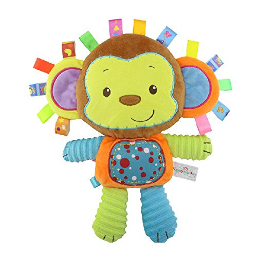 INCHANT Cuddly Buddy Monkey Taggies Toys - Ribbons  and  Rattle- for Entertainment- Comfort and Sensory Play- Ribbons Sewn Shut Into Tabs
