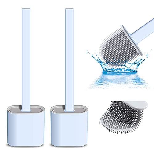 Silicone Toilet Brush and Holder Set Mounted Silicone Toilet Bowl Brush Deep Cleaning Non-Slip Long Plastic Handle Bendable Brush Head Clean Toilet Corner Easily Silicon Brush-White Plus Sky Blue-