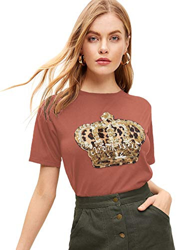 WDIRARA Women's Crown Graphic Print Short Sleeve Round Neck T Shirt Tee Top Rusty Red M