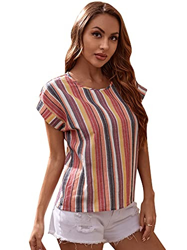 SheIn Women's Short Rolled Up Sleeve Round Neck Striped Print Blouse Shirt Top Multicolor S
