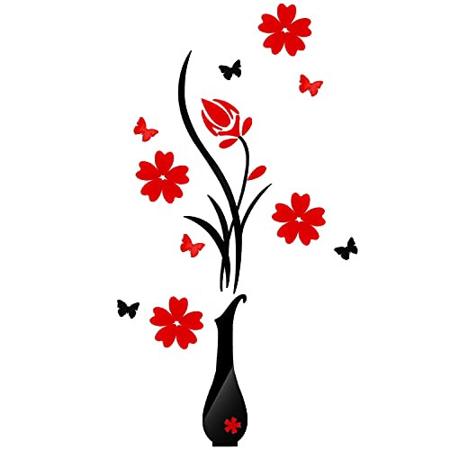 Fusiontec 3D Vase Wall Murals- 3D Acrylic Vase Wall Stickers for Living Room Bedroom TV Wall Background Sofa Backdrop- DIY Wall Decal Wall Decor Wall Decorations -Red- 31.5 X 13.8 inches-