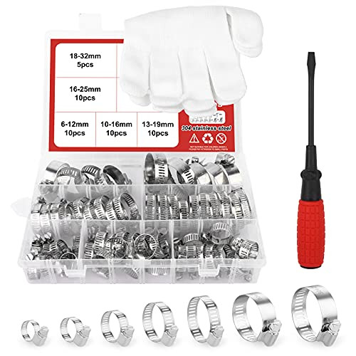 QCQIANG 60 Pieces Hose Clamp Kit- Adjustable Stainless Steel Worm Drive Hose Clamp with Screwdriver and Gloves for water pipe- air filter pipe- factory machine pipe connection