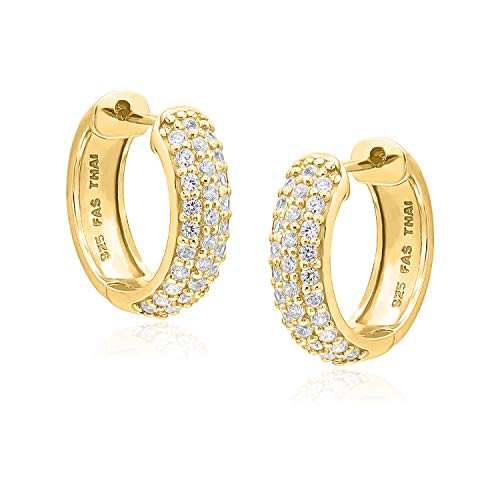 Sterling Silver Small Huggie Hoop Earrings 15mm Cubic Zirconia Cuff CZ Cartilage Earring for Women - Wedding Anniversary -Gold Flashed- Sterling Silver Small Huggie Hoop Earrings 15mm Cubic Zirconia Cuff CZ Cartilage Earring for Women - Wedding Anniversary -Gold Flashed-